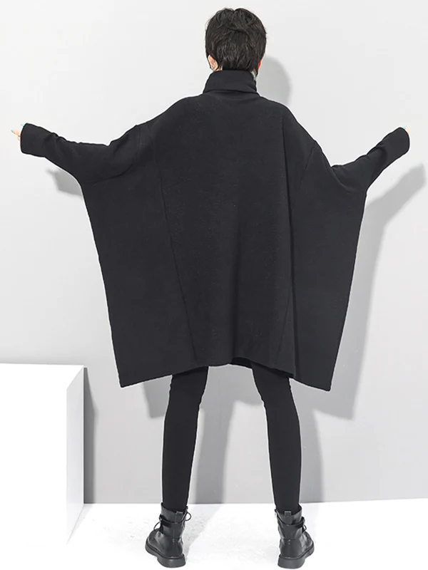 Super Loose Black High-Neck Knitting Batwing Sleeves Sweater Dress - Image 6