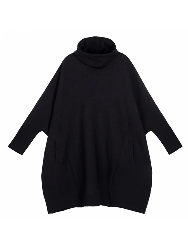 Super Loose Black High-Neck Knitting Batwing Sleeves Sweater Dress - Image 7