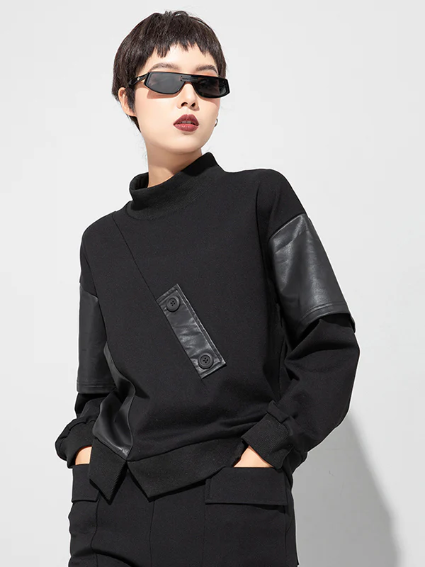 Thicken PU Split-Joint False-Two Asymmetric Sweatshirt - Image 2
