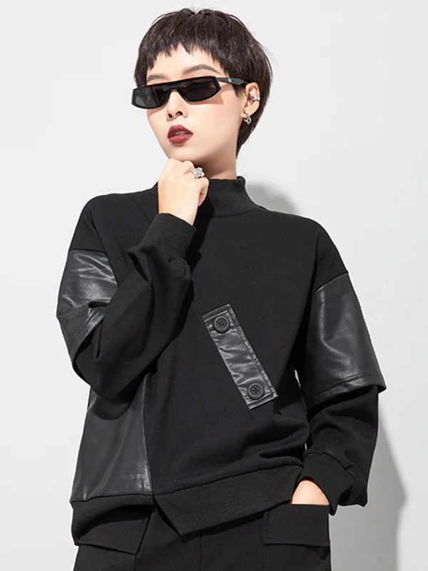 Thicken PU Split-Joint False-Two Asymmetric Sweatshirt - Image 3