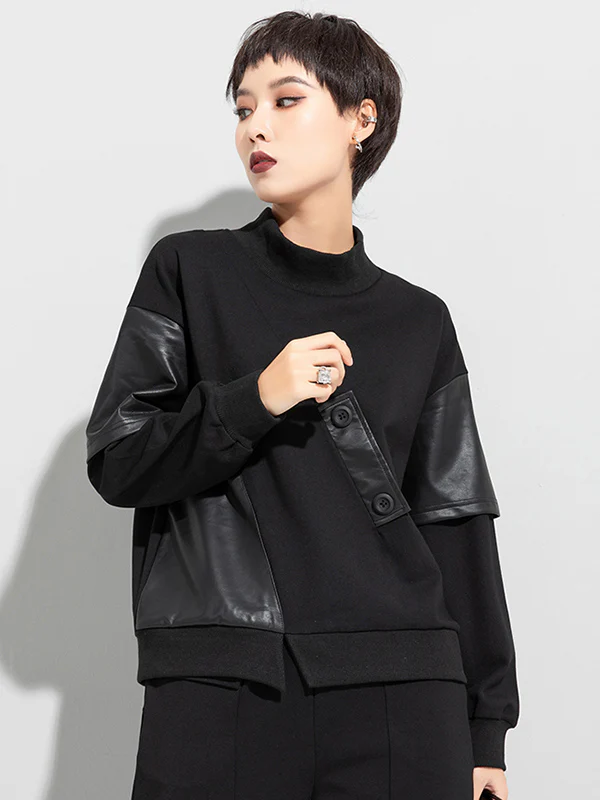 Thicken PU Split-Joint False-Two Asymmetric Sweatshirt - Image 4
