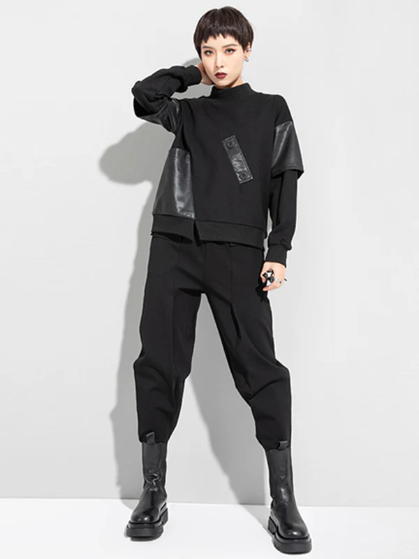 Thicken PU Split-Joint False-Two Asymmetric Sweatshirt - Image 6