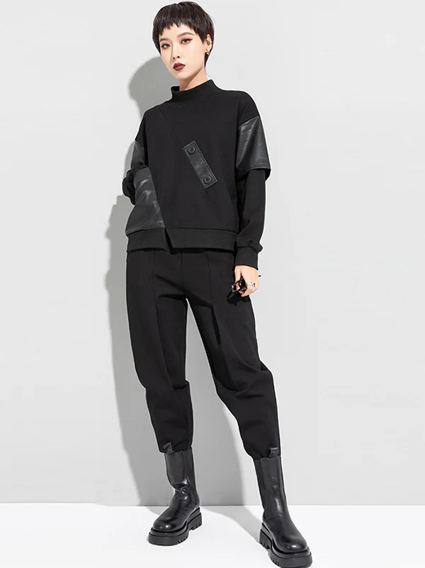 Thicken PU Split-Joint False-Two Asymmetric Sweatshirt - Image 7