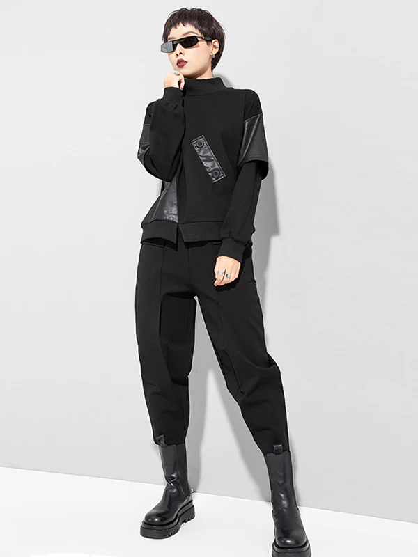 Thicken PU Split-Joint False-Two Asymmetric Sweatshirt - Image 8