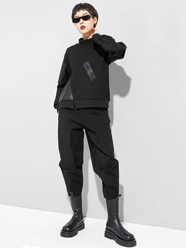 Thicken PU Split-Joint False-Two Asymmetric Sweatshirt - Image 9
