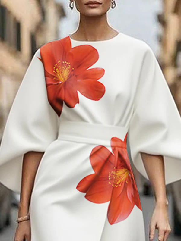 Three-Quarter Sleeves Asymmetric Floral Printed Split-Joint Round-Neck Midi Dresses - Image 2