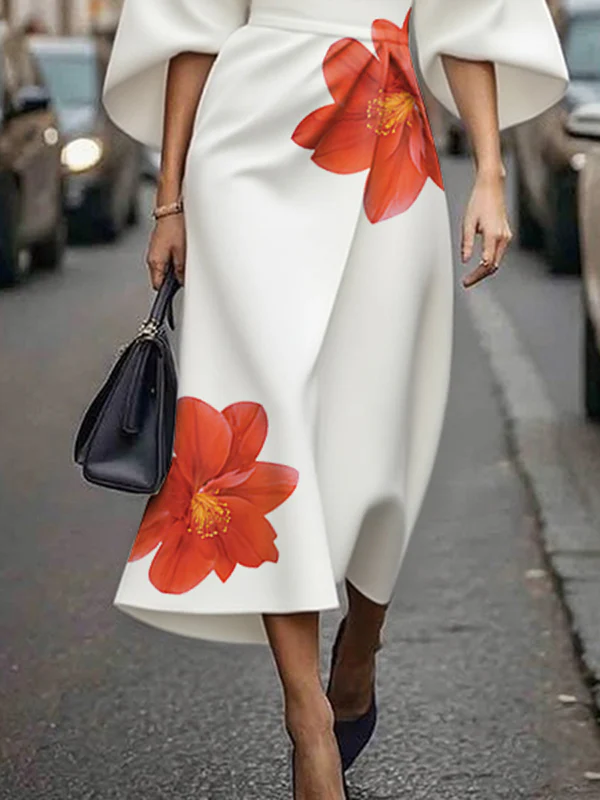 Three-Quarter Sleeves Asymmetric Floral Printed Split-Joint Round-Neck Midi Dresses - Image 3