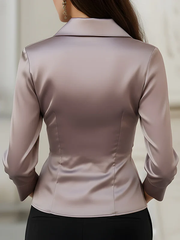 Three-Quarter Sleeves Buttoned Pleated Solid Color Lapel Blouses&Shirts Tops - Image 2