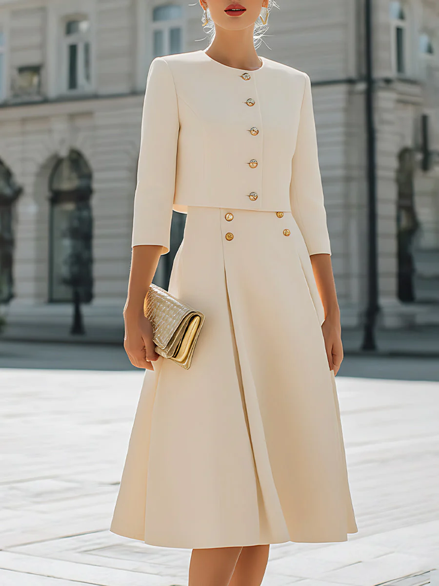 Three-Quarter Sleeves Buttoned Solid Color Round-Neck Outerwear - Image 2