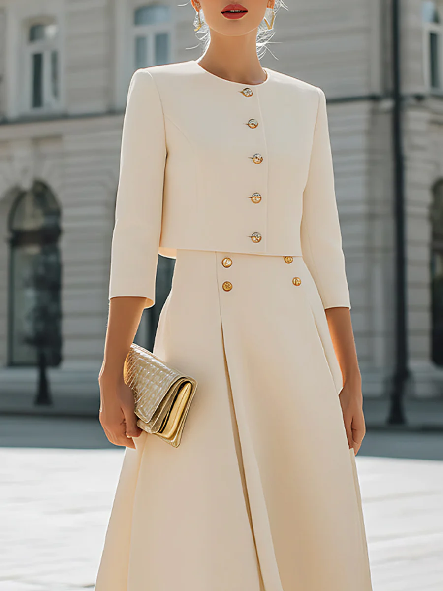 Three-Quarter Sleeves Buttoned Solid Color Round-Neck Outerwear - Image 3