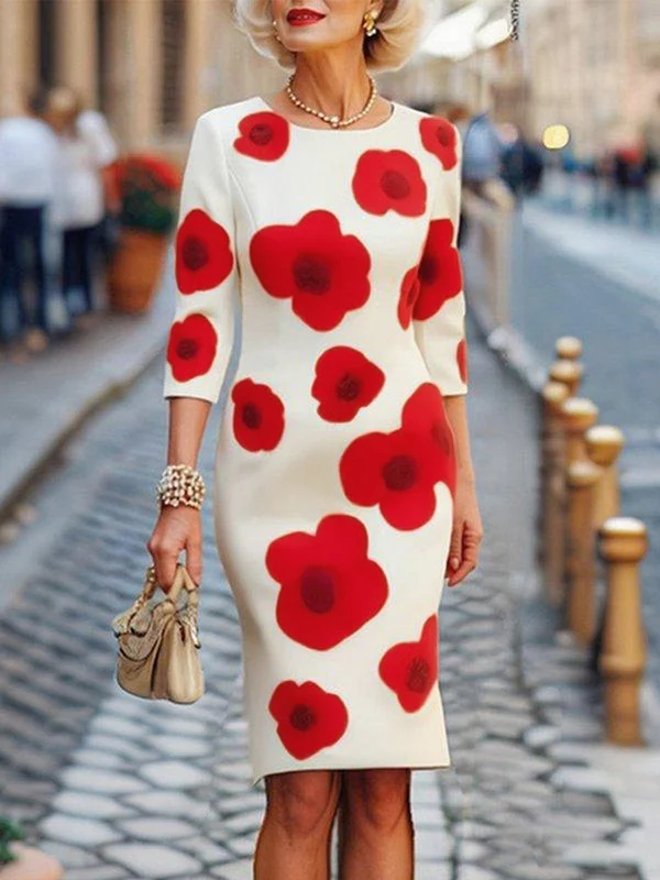 Three-Quarter Sleeves Flower Print Round-Neck Midi Dresses - Image 2