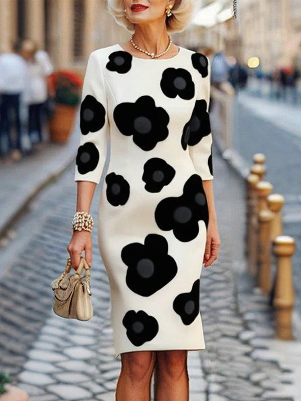 Three-Quarter Sleeves Flower Print Round-Neck Midi Dresses - Image 3