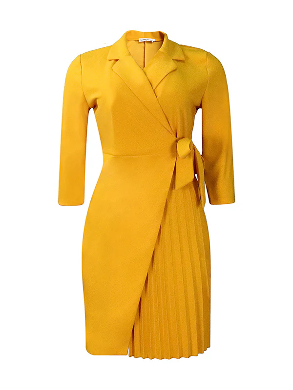Three-Quarter Sleeves Pleated Solid Color Split-Front Tied Waist V-Neck Mini Dresses - Image 10