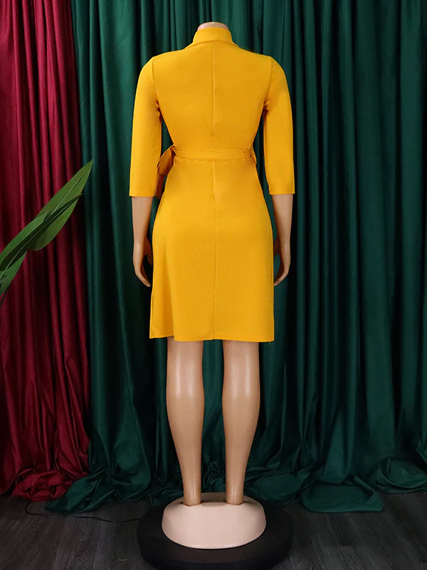 Three-Quarter Sleeves Pleated Solid Color Split-Front Tied Waist V-Neck Mini Dresses - Image 13