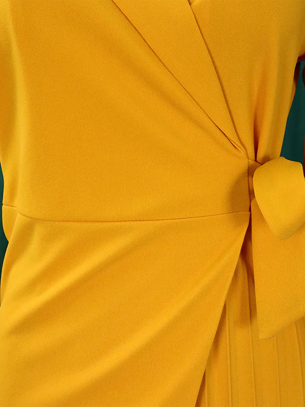 Three-Quarter Sleeves Pleated Solid Color Split-Front Tied Waist V-Neck Mini Dresses - Image 17