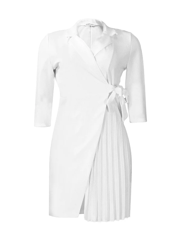 Three-Quarter Sleeves Pleated Solid Color Split-Front Tied Waist V-Neck Mini Dresses - Image 6