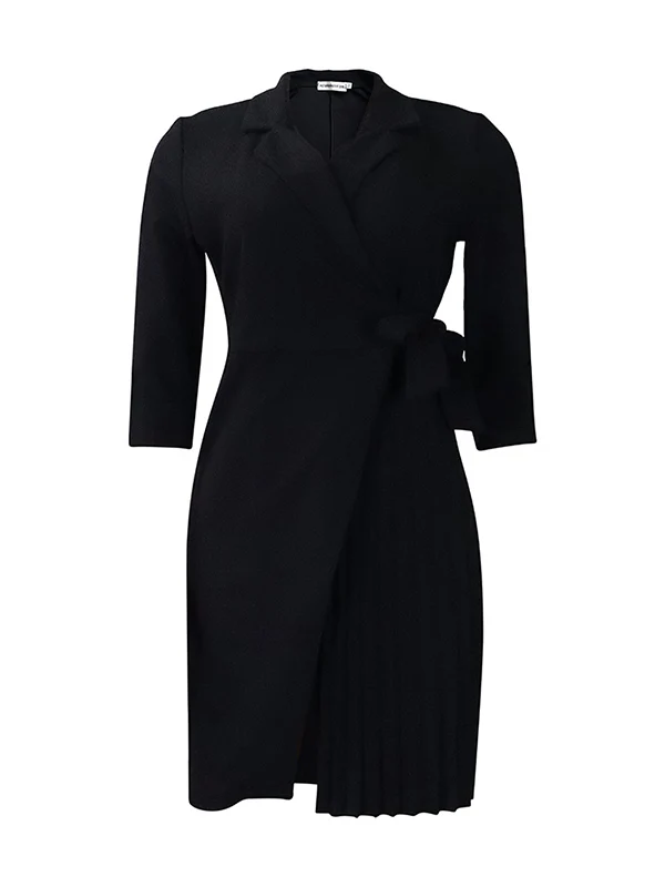 Three-Quarter Sleeves Pleated Solid Color Split-Front Tied Waist V-Neck Mini Dresses - Image 7
