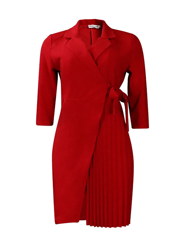 Three-Quarter Sleeves Pleated Solid Color Split-Front Tied Waist V-Neck Mini Dresses - Image 8
