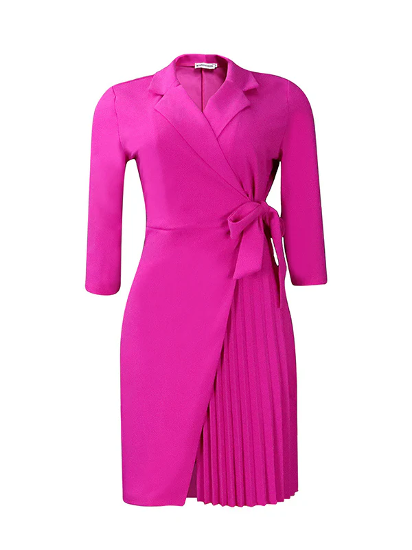 Three-Quarter Sleeves Pleated Solid Color Split-Front Tied Waist V-Neck Mini Dresses - Image 9