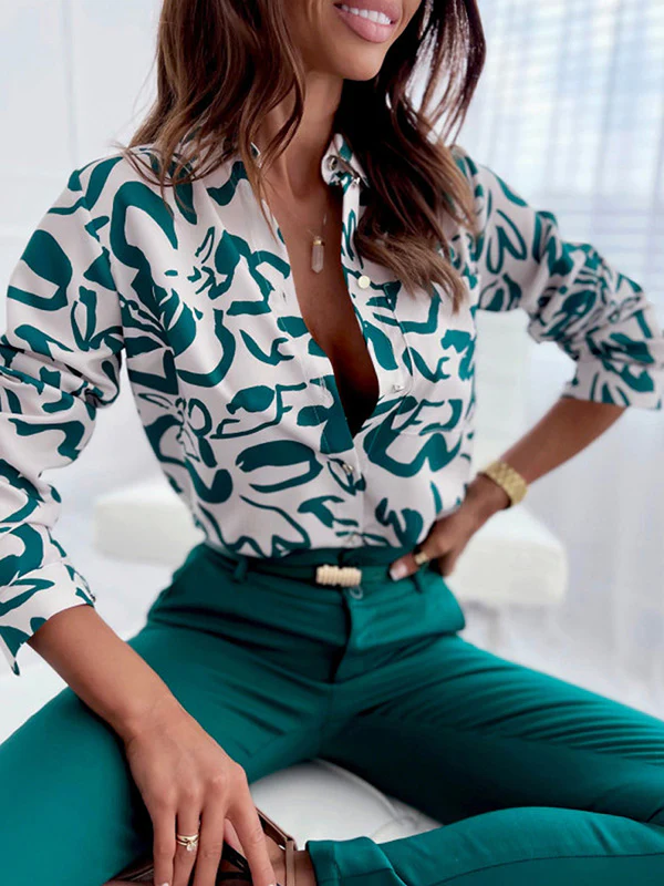 Trendy Long Sleeves Loose Printed Lapel Collar Blouses&Shirts Tops - Image 5