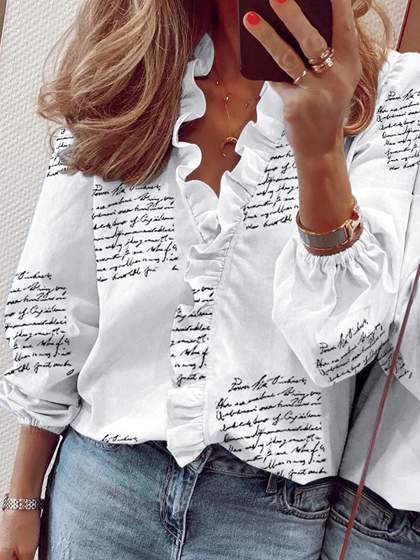 Trendy Puff Sleeves Printed V-Neck Blouses - Image 2