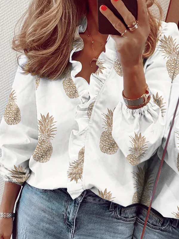 Trendy Puff Sleeves Printed V-Neck Blouses - Image 3