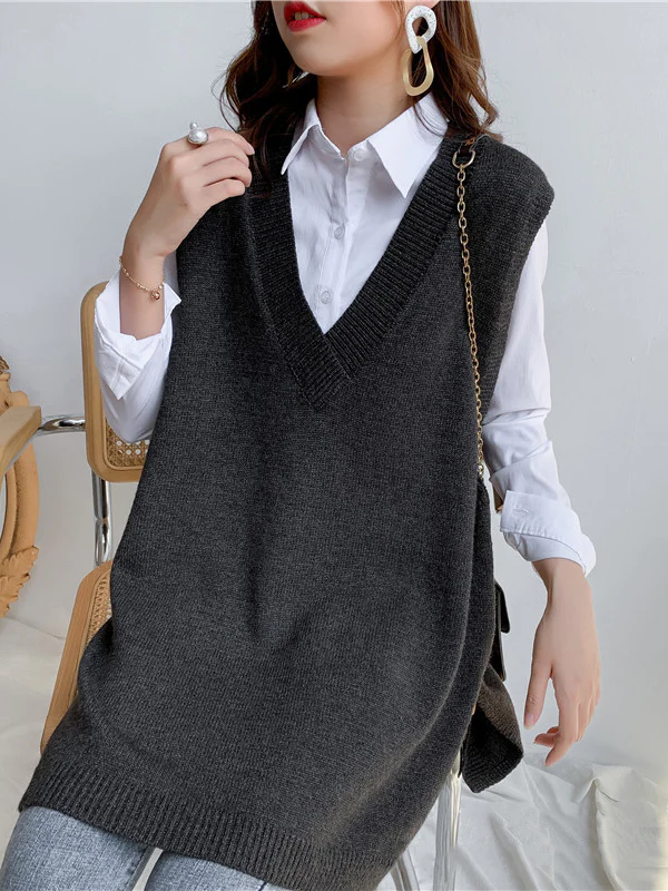 Trendy Sleeveless Split-Side Solid Color V-Neck Knitted Vest - Image 10