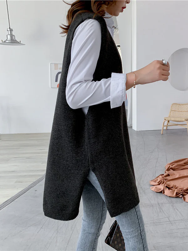 Trendy Sleeveless Split-Side Solid Color V-Neck Knitted Vest - Image 12