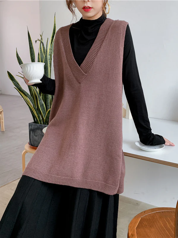 Trendy Sleeveless Split-Side Solid Color V-Neck Knitted Vest - Image 15
