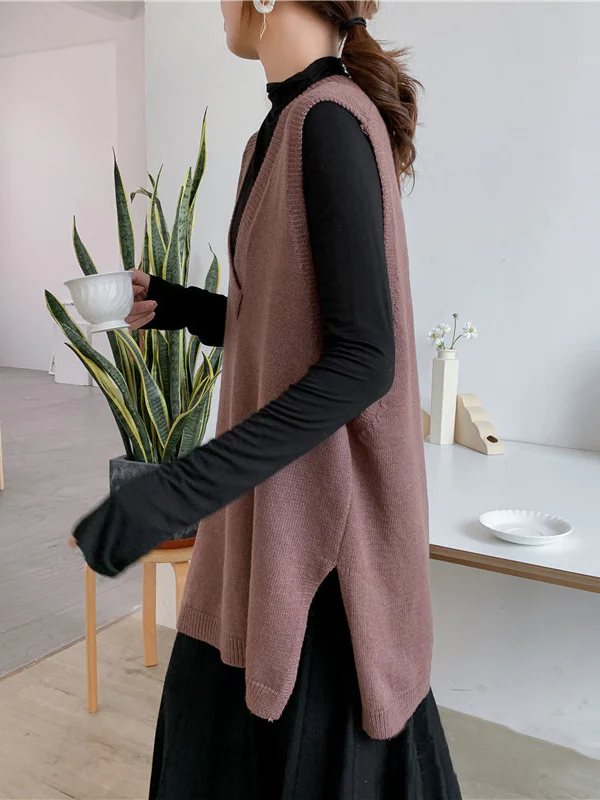 Trendy Sleeveless Split-Side Solid Color V-Neck Knitted Vest - Image 16