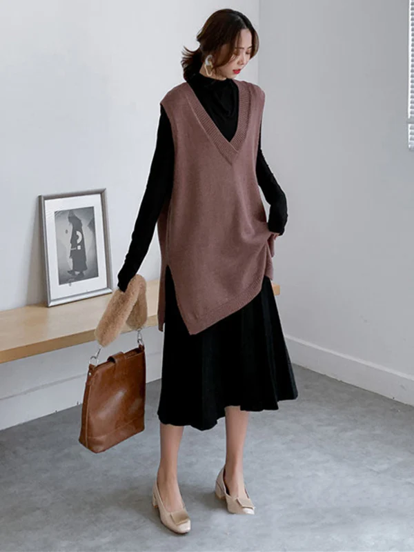 Trendy Sleeveless Split-Side Solid Color V-Neck Knitted Vest - Image 18