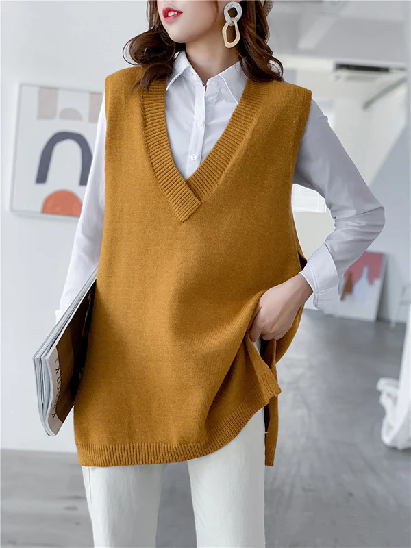 Trendy Sleeveless Split-Side Solid Color V-Neck Knitted Vest - Image 20