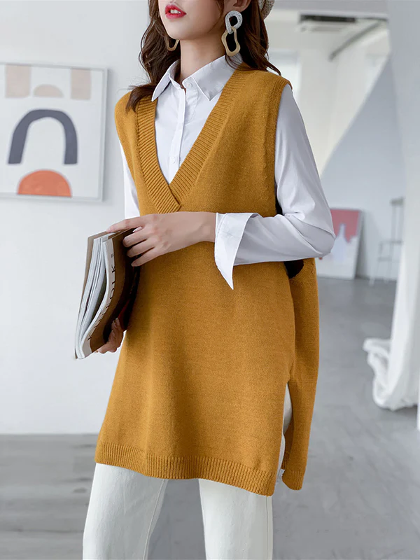 Trendy Sleeveless Split-Side Solid Color V-Neck Knitted Vest - Image 21