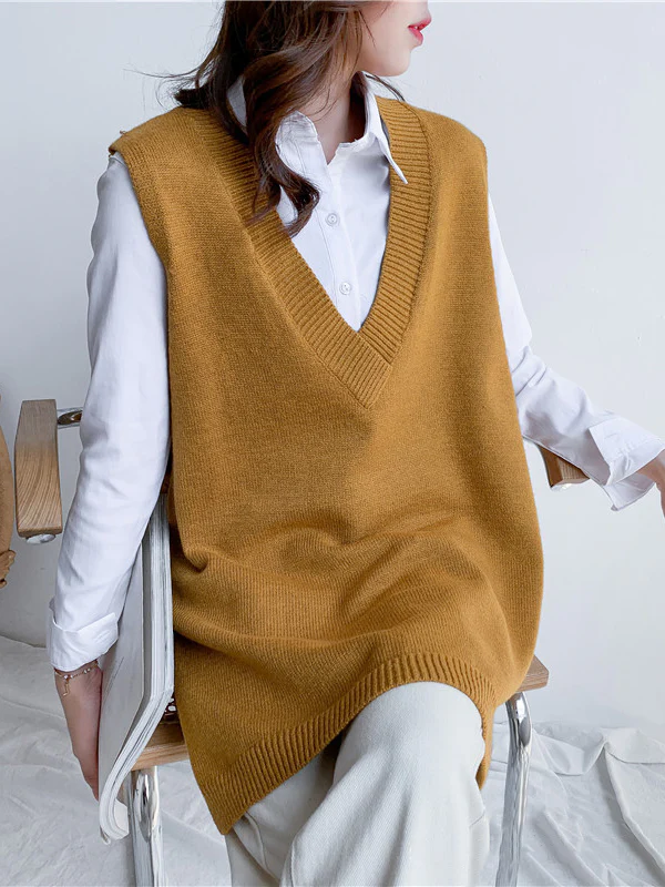 Trendy Sleeveless Split-Side Solid Color V-Neck Knitted Vest - Image 22