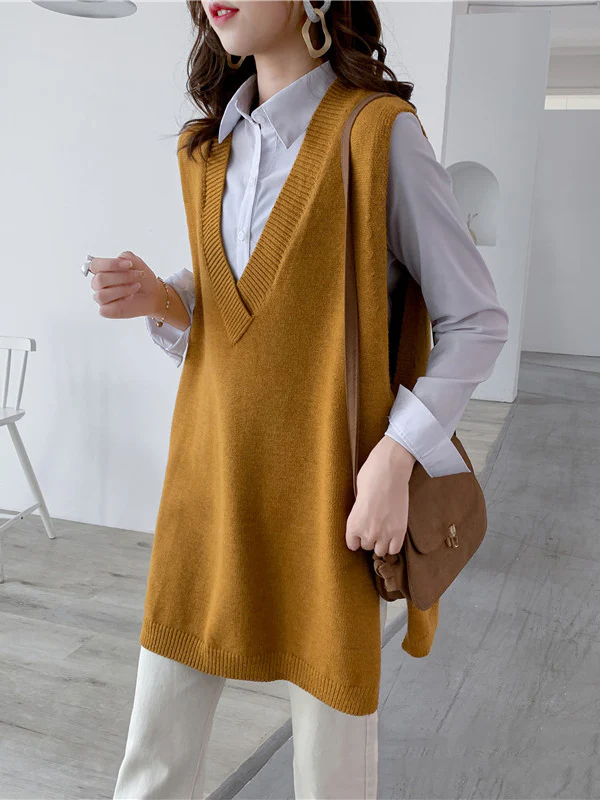 Trendy Sleeveless Split-Side Solid Color V-Neck Knitted Vest - Image 23