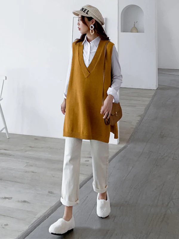 Trendy Sleeveless Split-Side Solid Color V-Neck Knitted Vest - Image 24