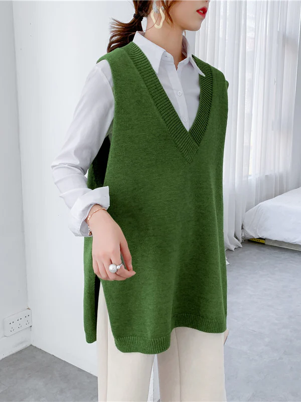 Trendy Sleeveless Split-Side Solid Color V-Neck Knitted Vest - Image 6