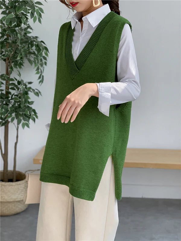 Trendy Sleeveless Split-Side Solid Color V-Neck Knitted Vest - Image 7