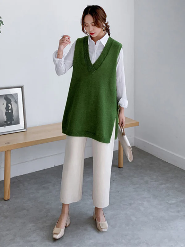 Trendy Sleeveless Split-Side Solid Color V-Neck Knitted Vest - Image 8