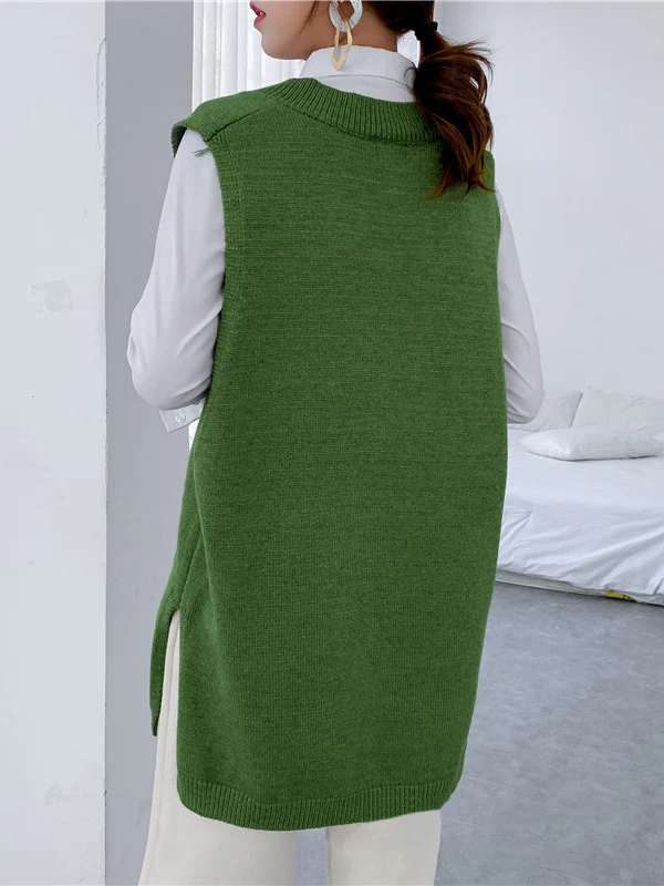 Trendy Sleeveless Split-Side Solid Color V-Neck Knitted Vest - Image 9