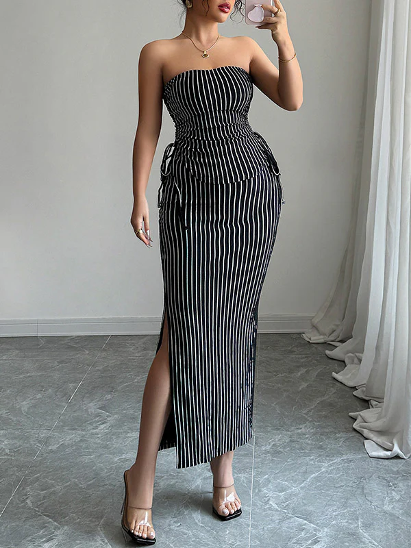 Sleeveless Contrast Color Striped Tube Top + Split-Side Drawstring Bodycon Skirts Bottom Two Pieces Set - Image 2