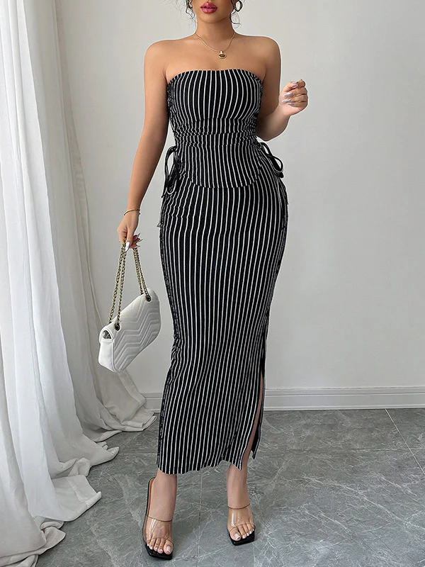 Sleeveless Contrast Color Striped Tube Top + Split-Side Drawstring Bodycon Skirts Bottom Two Pieces Set - Image 3