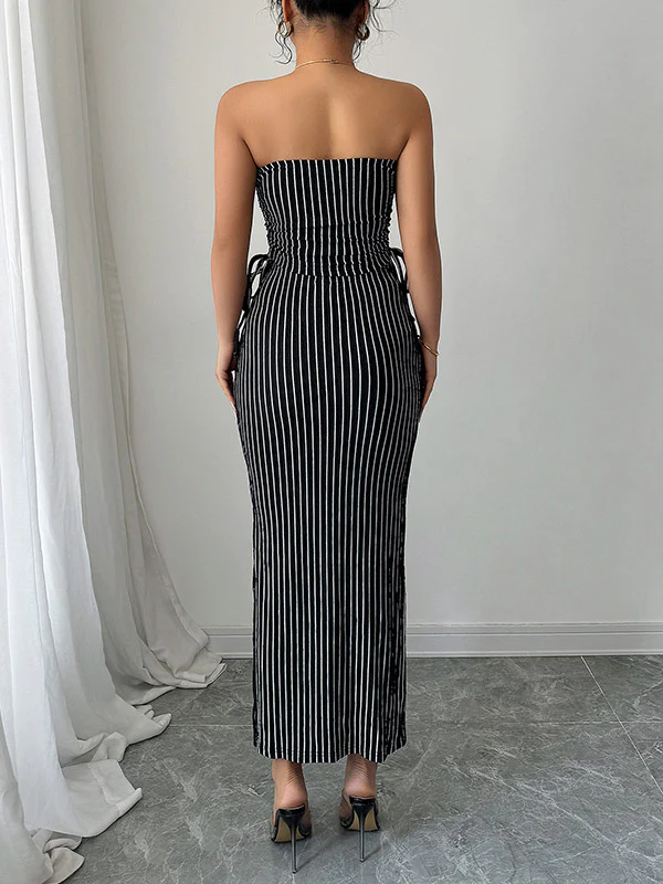 Sleeveless Contrast Color Striped Tube Top + Split-Side Drawstring Bodycon Skirts Bottom Two Pieces Set - Image 5