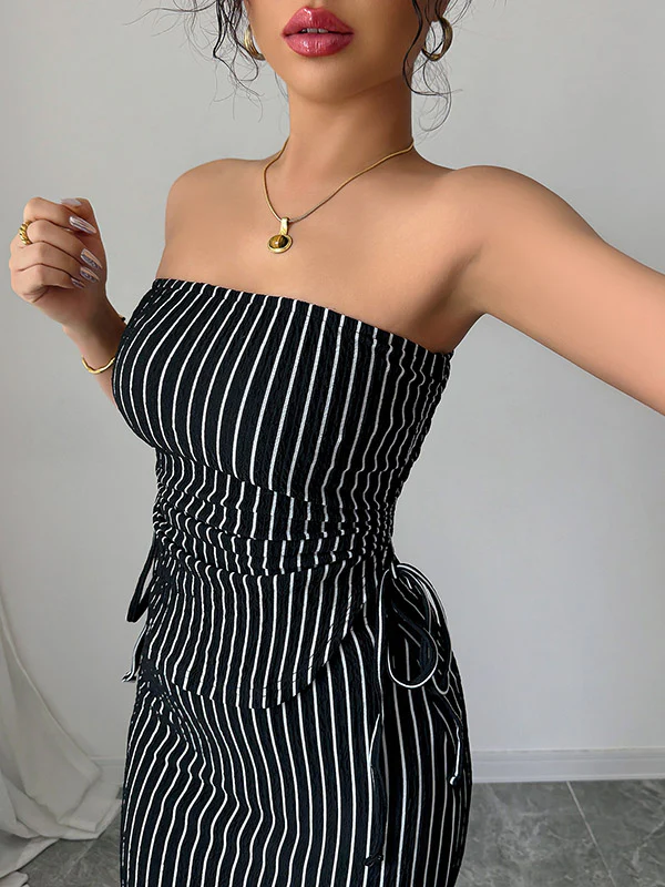 Sleeveless Contrast Color Striped Tube Top + Split-Side Drawstring Bodycon Skirts Bottom Two Pieces Set - Image 6