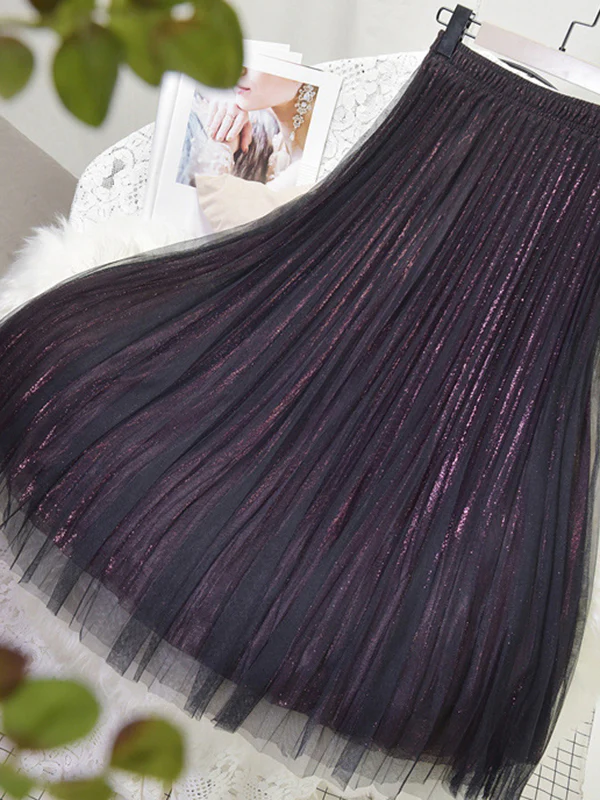 Urban A-Line Elastic Waist Mesh Pleated Skirts - Image 12