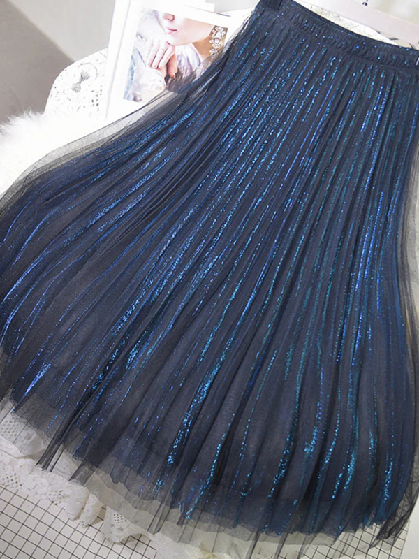 Urban A-Line Elastic Waist Mesh Pleated Skirts - Image 13