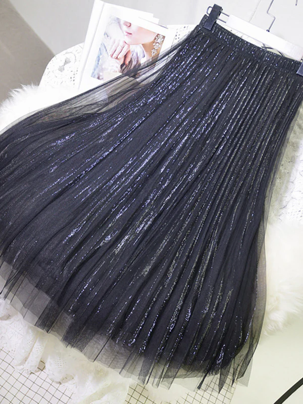 Urban A-Line Elastic Waist Mesh Pleated Skirts - Image 17