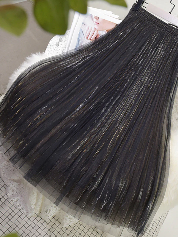 Urban A-Line Elastic Waist Mesh Pleated Skirts - Image 18