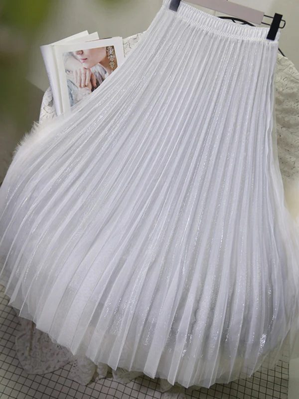 Urban A-Line Elastic Waist Mesh Pleated Skirts - Image 23