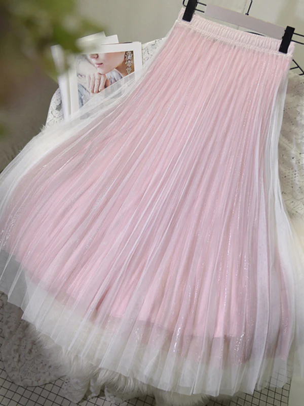 Urban A-Line Elastic Waist Mesh Pleated Skirts - Image 3